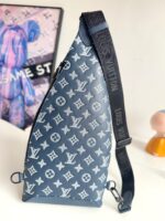 Borsa a tracolla Louis Vuitton blu con monogramma, silhouette triangolare, stile moderno e di lusso.