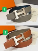 Cinture di lusso in pelle con fibbia a H, grigia e marrone, stile elegante e versatile.