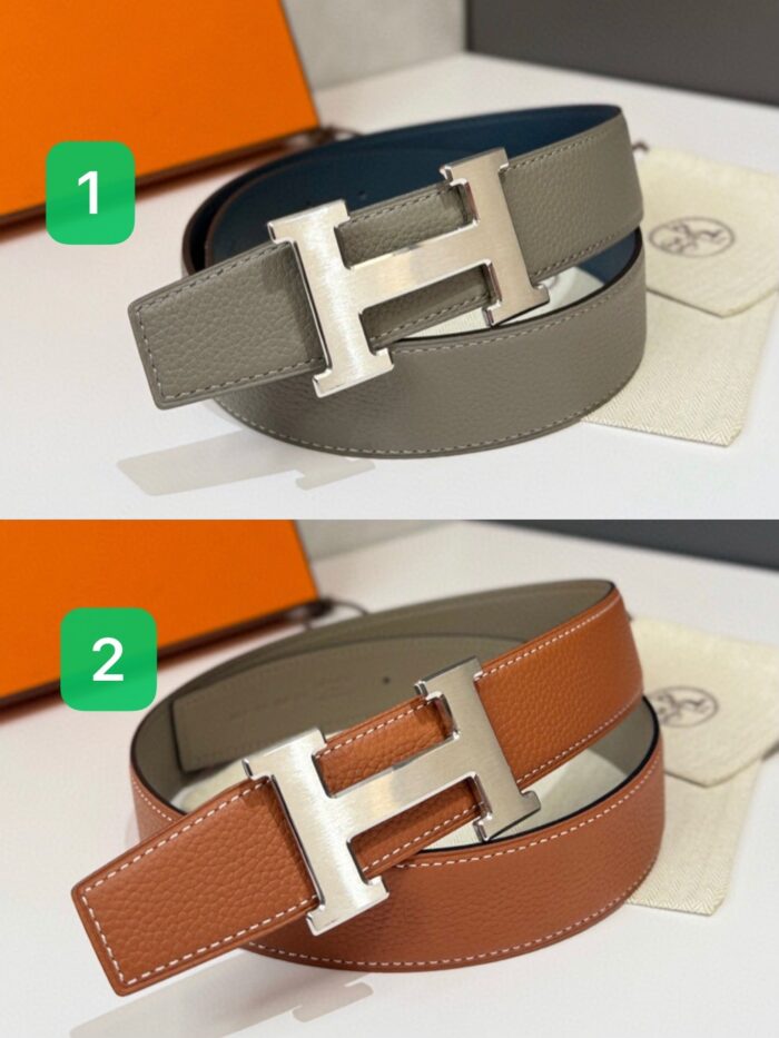 Cinture di lusso in pelle con fibbia a H, grigia e marrone, stile elegante e versatile.