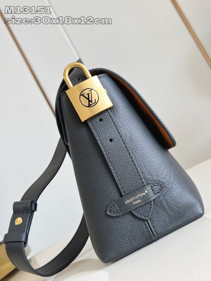 Borsa elegante in pelle nera con chiusura dorata, stile moderno e design sofisticato.