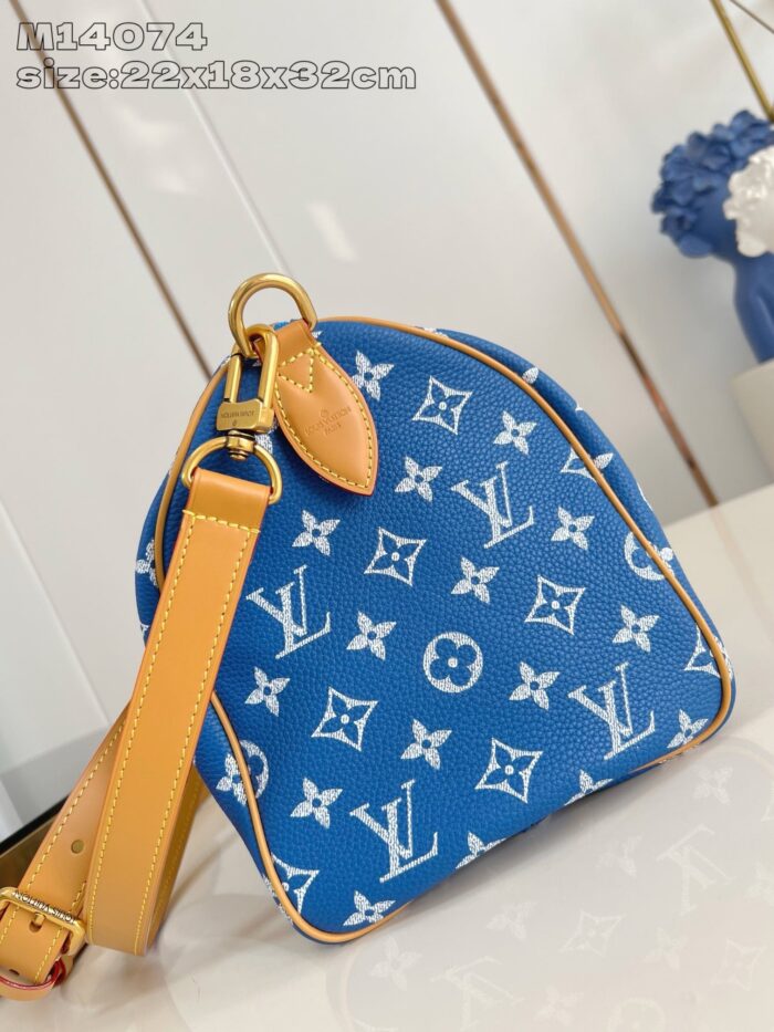 Borsa Louis Vuitton blu e gialla, elegante e versatile, con dettagli di alta qualità.