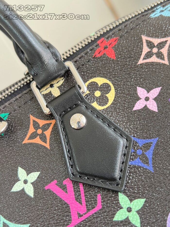 Borsa Louis Vuitton colorata in canvas con dettagli in pelle e simboli iconici.