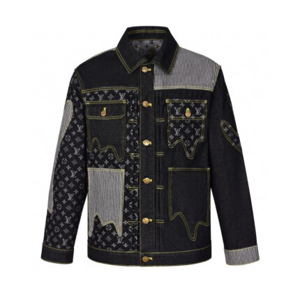 Giacca di jeans nero con patchwork, bordi eleganti e dettagli di lusso in stile moderno.