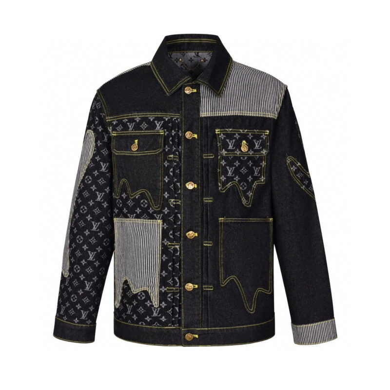 Giacca di jeans nero con patchwork, bordi eleganti e dettagli di lusso in stile moderno.