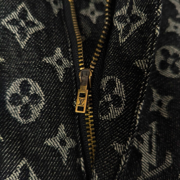 Dettaglio di jeans di lusso con zip dorata e motivi iconici di marca.
