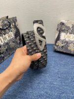 Cintura Dior di lusso con fibbia elegante, tra shopping bags raffinati e dettagli di stile.