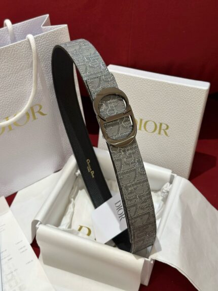 Cintura Dior grigia di lusso con fibbia argento, confezione elegante e stile sofisticato.