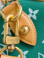 Borsa di lusso verde con dettaglio in oro, pattern iconico e firma elegante.