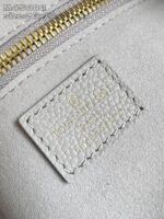 Dettaglio di etichetta Louis Vuitton in pelle grigia con logo dorato e zip elegante.