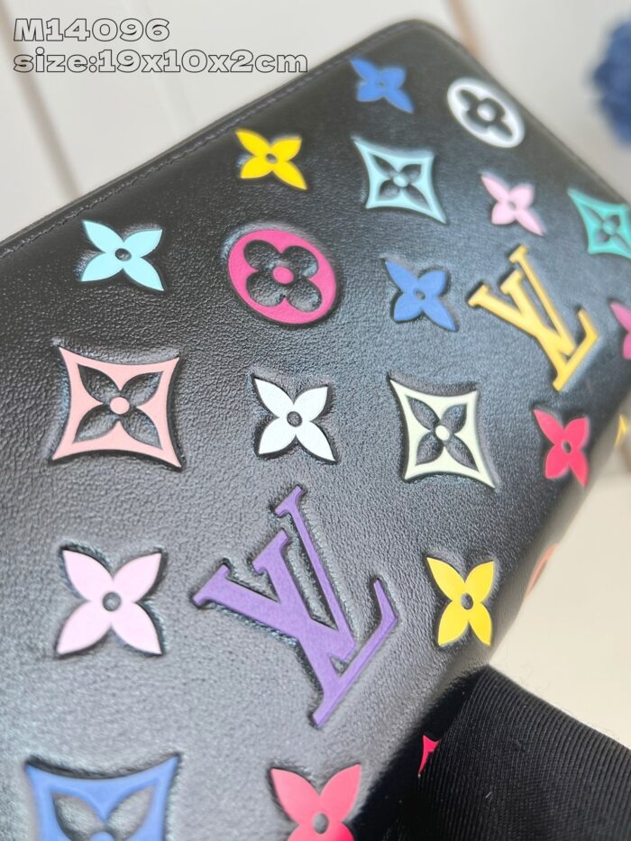 Borsa Louis Vuitton con motivi floreali colorati su pelle nera di alta qualità.