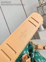 Borsa Louis Vuitton con cinghia in pelle tan e dettagli iconici di lusso.
