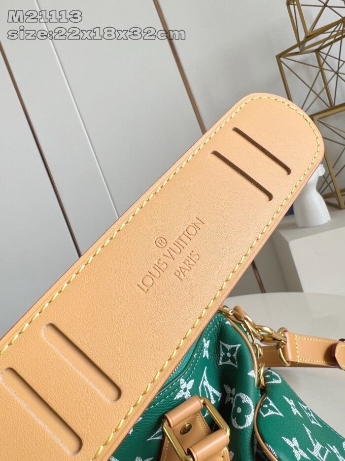 Borsa Louis Vuitton con cinghia in pelle tan e dettagli iconici di lusso.