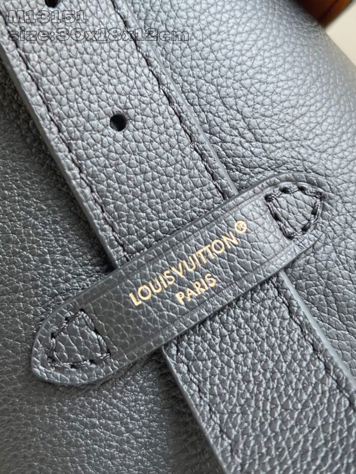 Borsa Louis Vuitton grigia in pelle con logo dorato e dettagli di alta qualità.