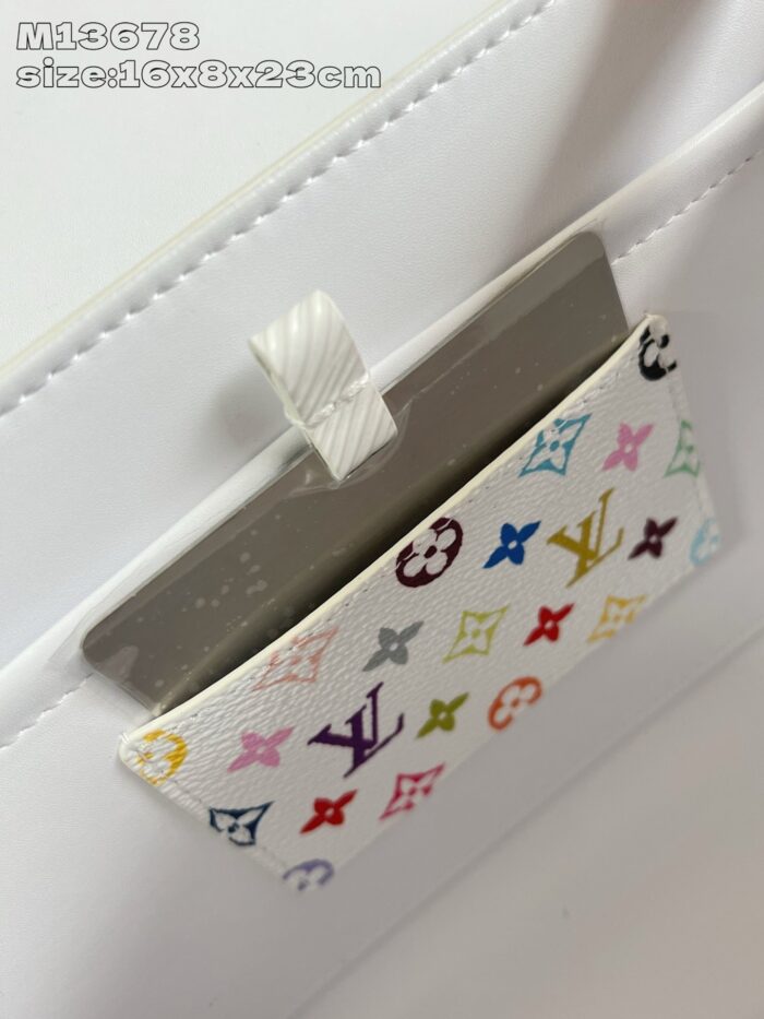 Portafoglio di lusso bianco con logo multicolore e chiusura robusta.