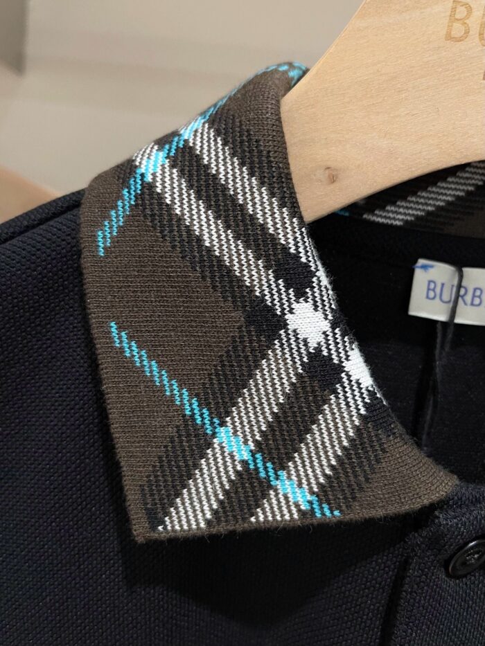 Colletto tartan blu, marrone e bianco, elegante e di lusso Burberry, dettagli raffinati.