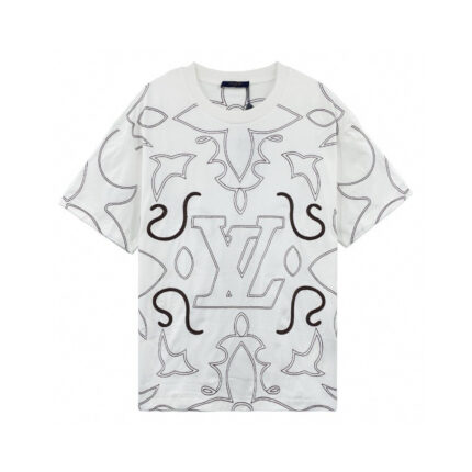 T-shirt Louis Vuitton con logo astratto, design moderno e stile casual elegante.