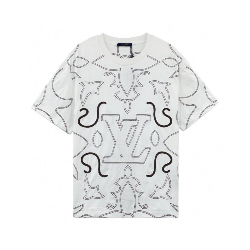T-shirt Louis Vuitton con logo astratto, design moderno e stile casual elegante.