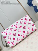 Borsa Louis Vuitton bianca con motivi rosa, stile elegante e moderno, dimensioni compatte.