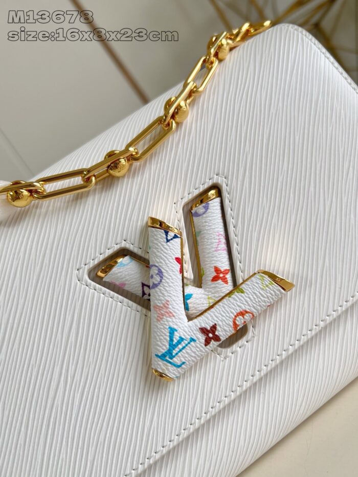 Borsa Louis Vuitton bianca con logo colorato e catena dorata, elegante e di alta qualità.