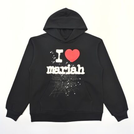 Felpa nera con grafica I ❤️ Mariah Carey e spruzzi artistici, stile casual e trendy.