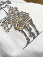 Cavaliere medievale in armatura dorata con scudo e banner, in movimento, stile fantasy e storia.