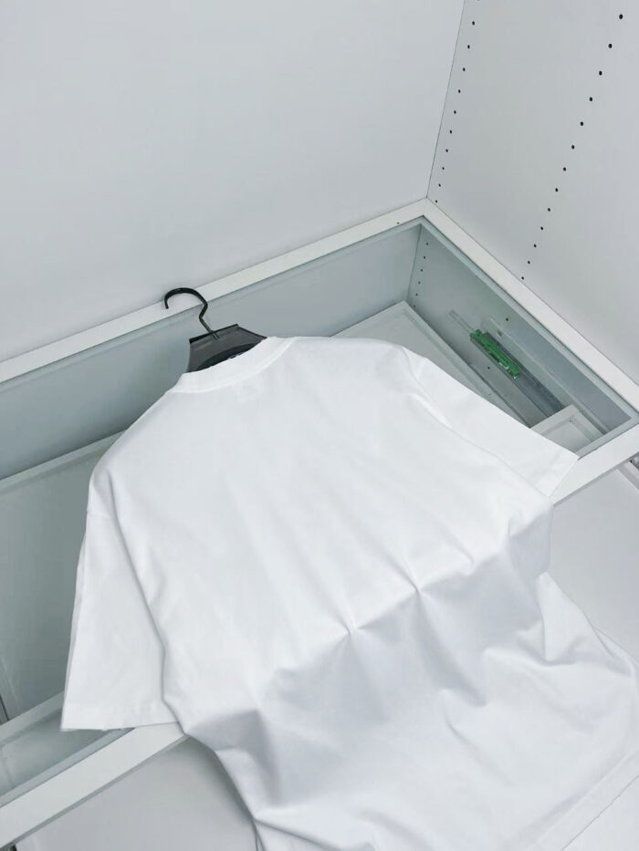 Maglietta bianca minimalista in esposizione moderna e elegante, stile semplice e raffinato.