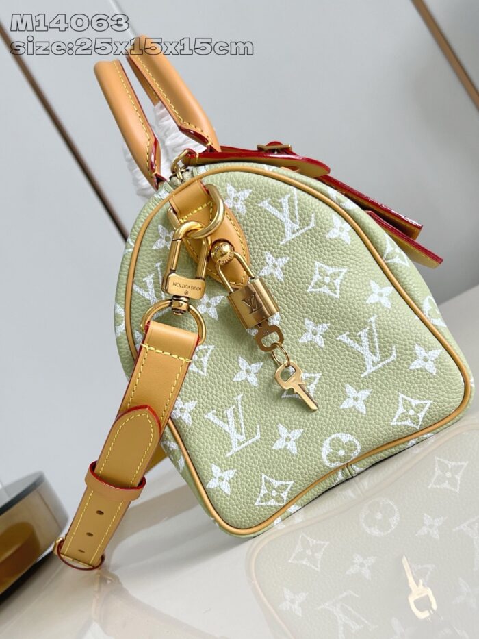 Borsa Louis Vuitton verde menta con motivo monogramma e dettagli in pelle tan elegante.
