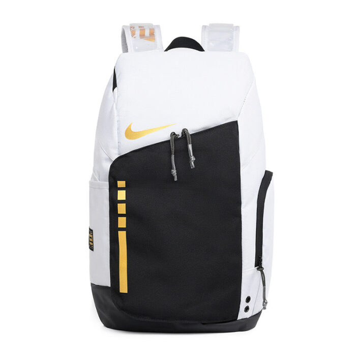 Zaino Nike bianco e nero con logo giallo, design moderno e pratico per ogni stile.