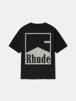 T-shirt nero streetwear con logo Rhude e design geometrico minimalista.