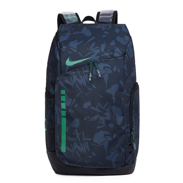Zaino Nike navy con logo verde, ideale per sport, scuola e outdoor, resistente e pratico.