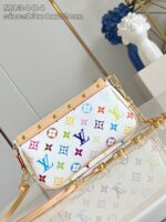 Borsa Louis Vuitton con logo colorato, dettagli in pelle e tracolla staccabile, stile elegante e moderno.