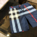 Shorts da spiaggia in blu navy con dettagli a righe e vita elastica.