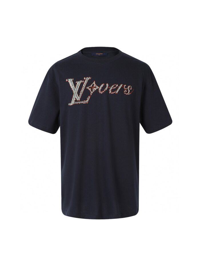 T-shirt Louis Vuitton con logo glitter, stile casual elegante, perfetta per look di tendenza.