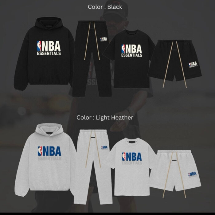 Abbigliamento NBA nero e grigio: felpe, pantaloncini e logo, perfetto per stile casual e sportivo.