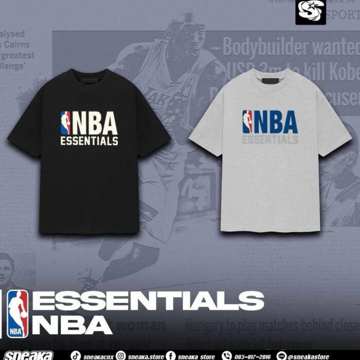 Magliette NBA Essentials nere e grigie in stile streetwear, per appassionati di basket e moda sportiva.