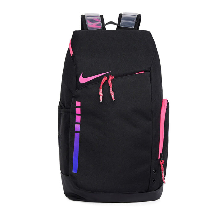 Zaino Nike nero e rosa, pratico, resistente, con dettagli colorati e logo visibile.