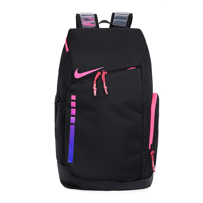 Zaino Nike nero e rosa, pratico, resistente, con dettagli colorati e logo visibile.