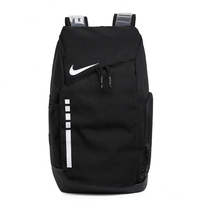 Zaino Nike nero elegante con logo bianco e tasche organizer, resistente e comodo da portare.