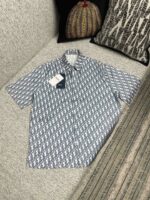 Camicia a motivo blu e bianco su divano con cuscini decorativi e luce naturale.