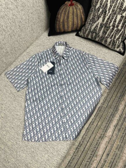 Camicia a motivo blu e bianco su divano con cuscini decorativi e luce naturale.
