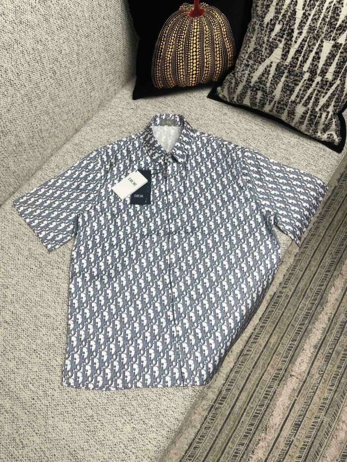 Camicia a motivo blu e bianco su divano con cuscini decorativi e luce naturale.