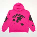 Felpa rosa con scritta sp5der e stelle, stile trendy e casual per giovani.
