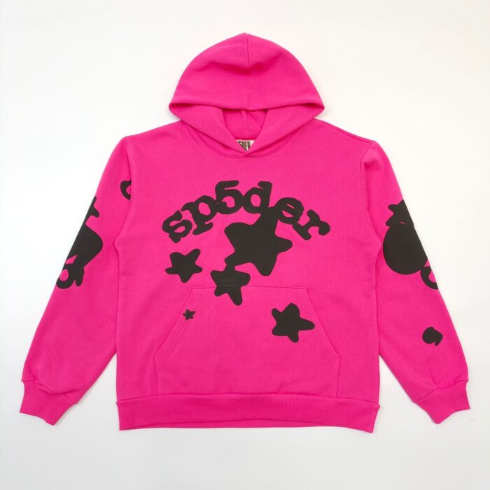 Felpa rosa con scritta sp5der e stelle, stile trendy e casual per giovani.