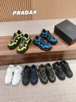 Sneakers Prada di lusso, neon e classici, stile moderno su supporto elegante.