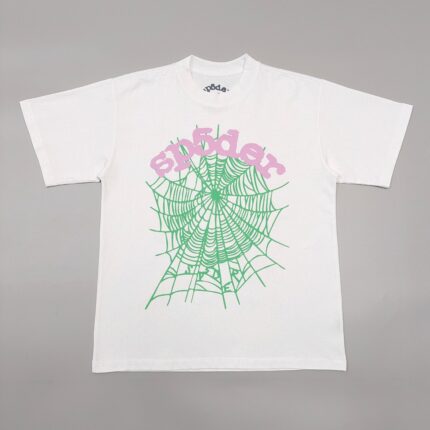 T-shirt bianca con grafica di ragno verde e testo rosa style streetwear casuale.