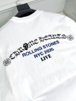 Maglietta Rolling Stones Live NYC 2025, design grafico con testo e motivi floreali.
