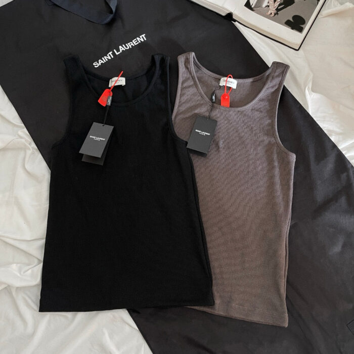 Tank tops di lusso Saint Laurent nero e marrone, eleganti e di alta qualità.