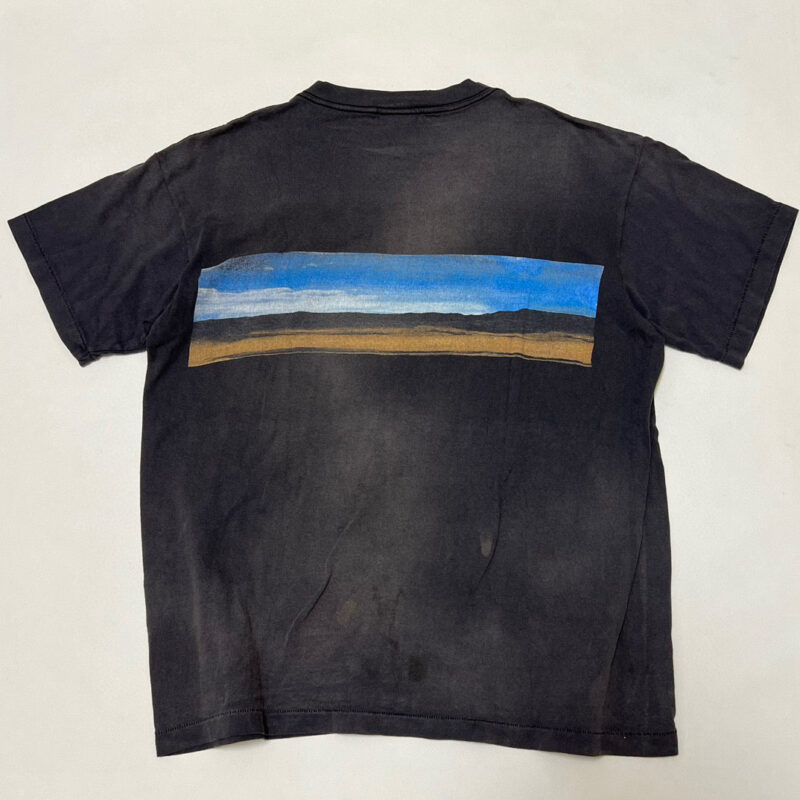 Maglietta nera con paesaggio artistico colorato e sfumato, ideale per amanti della natura e stile casual.