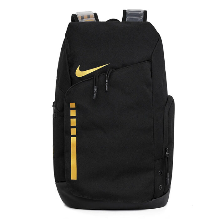 Zaino Nike nero con logo giallo, scomparti pratici e design sportivo.