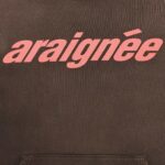 Felpa con scritta araignée rosa su sfondo marrone, stile streetwear trendy e originale.